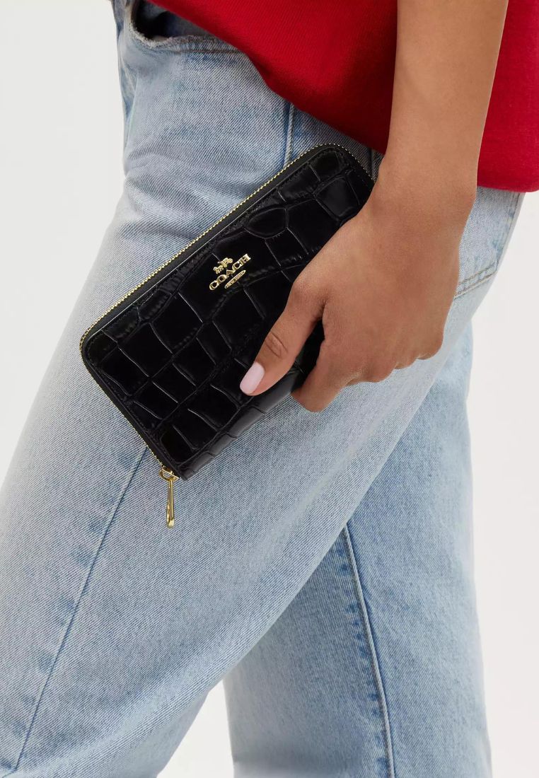 Long Zip Around Wallet Embossed Crocodile Gold Black
