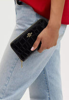 Long Zip Around Wallet Embossed Crocodile Gold Black