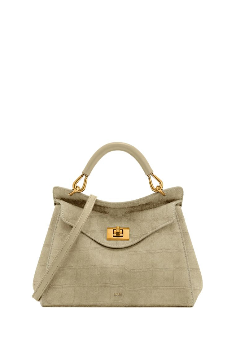 Lucia Classic Croc-Embossed Faux Suede Top Handle Bag - Light Beige
