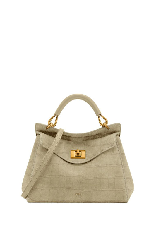 Lucia Classic Croc-Embossed Faux Suede Top Handle Bag - Light Beige