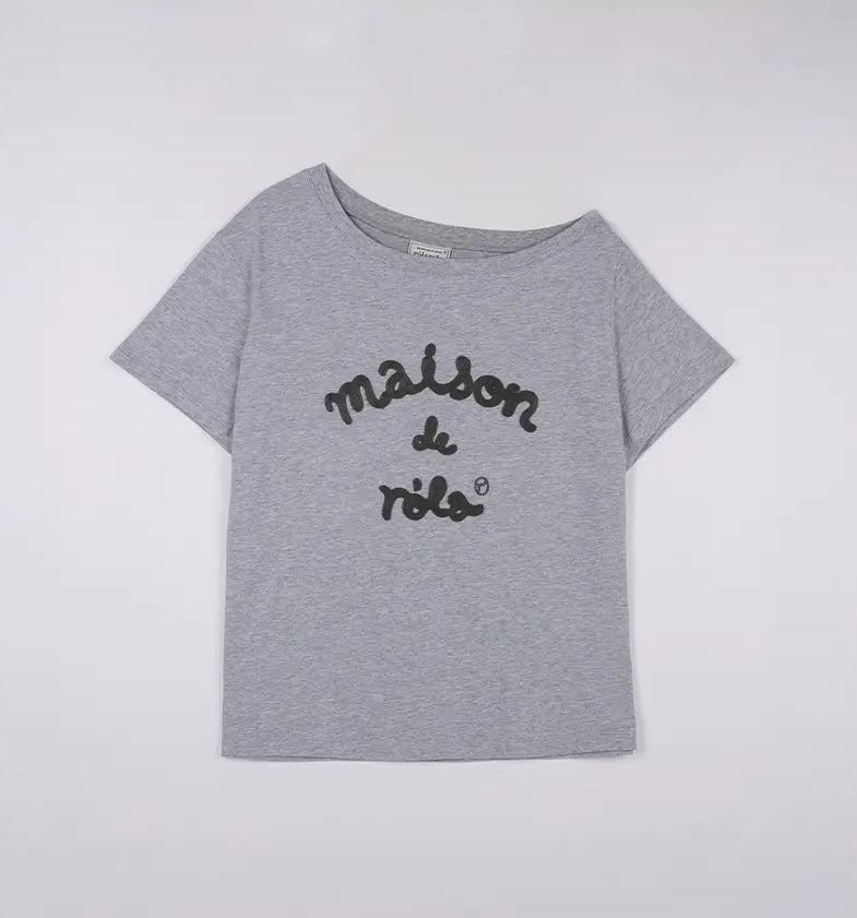 Maison De Rola Embroidery Off Shoulder T-Shirt Gray