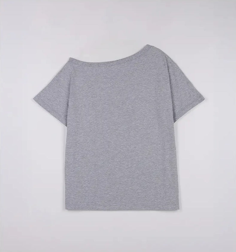 Maison De Rola Embroidery Off Shoulder T-Shirt Gray