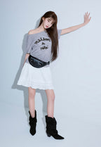 Maison De Rola Embroidery Off Shoulder T-Shirt Gray