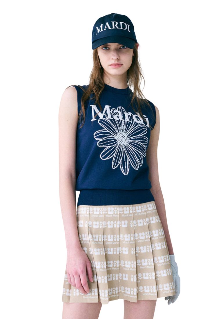 Mardi Flower Sleeveless Knit Top Navy