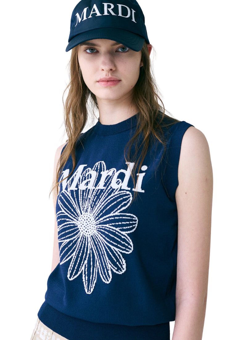 Mardi Flower Sleeveless Knit Top Navy