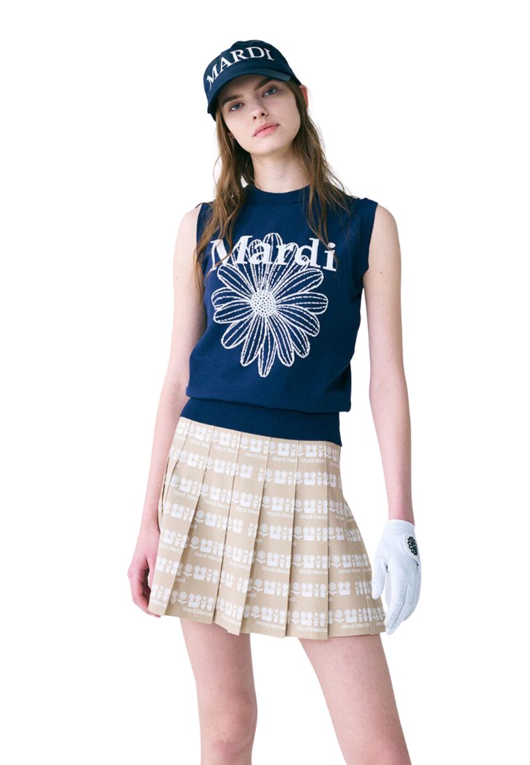 Mardi Flower Sleeveless Knit Top Navy