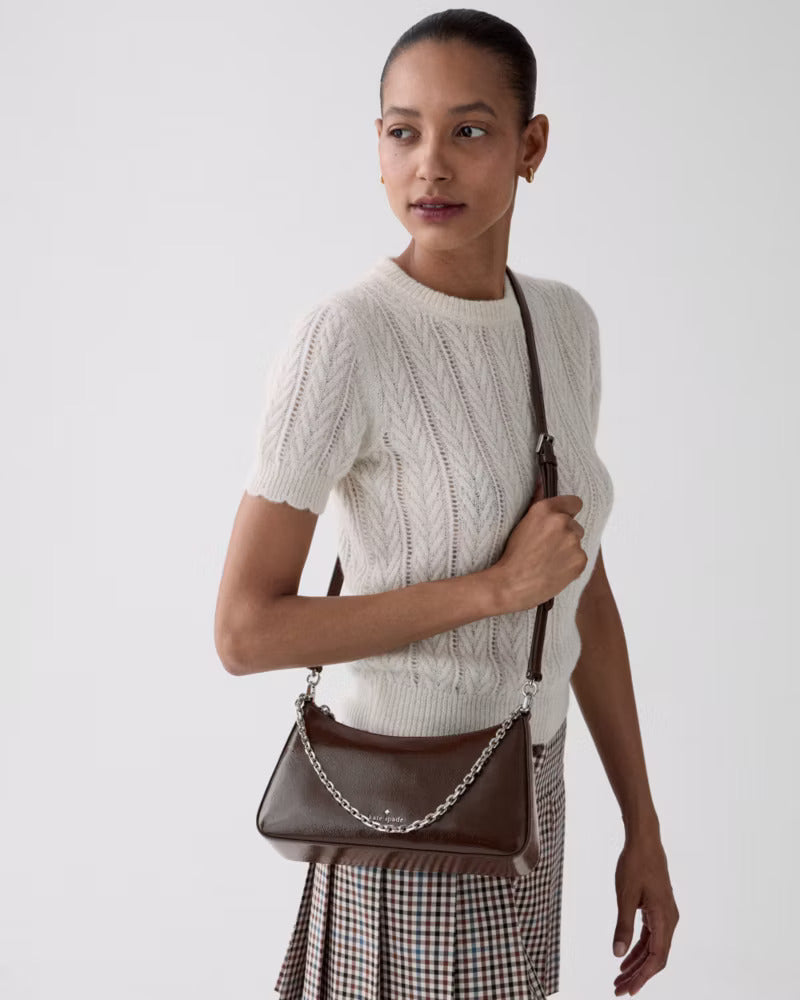 Margot Shiny Leather Shoulder Bag Hot Fudge
