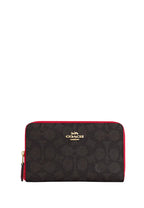 Medium Id Zip Wallet In Signature Canvas Walnut Bold Red