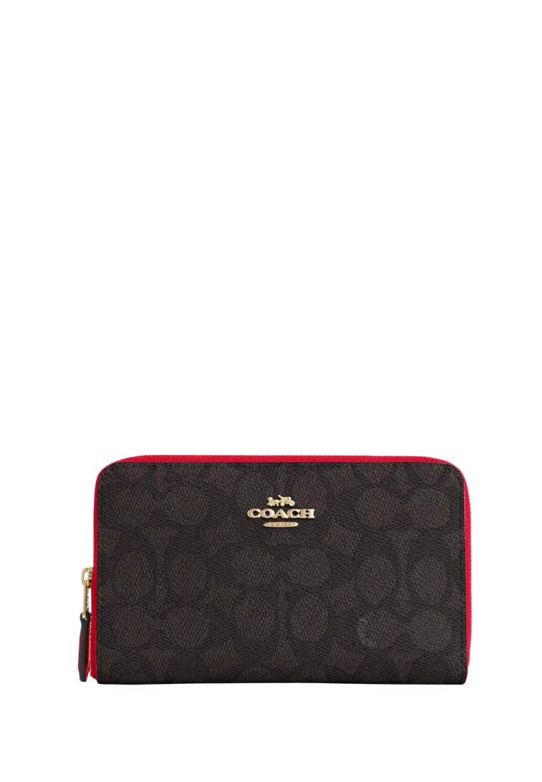 Medium Id Zip Wallet In Signature Canvas Walnut Bold Red