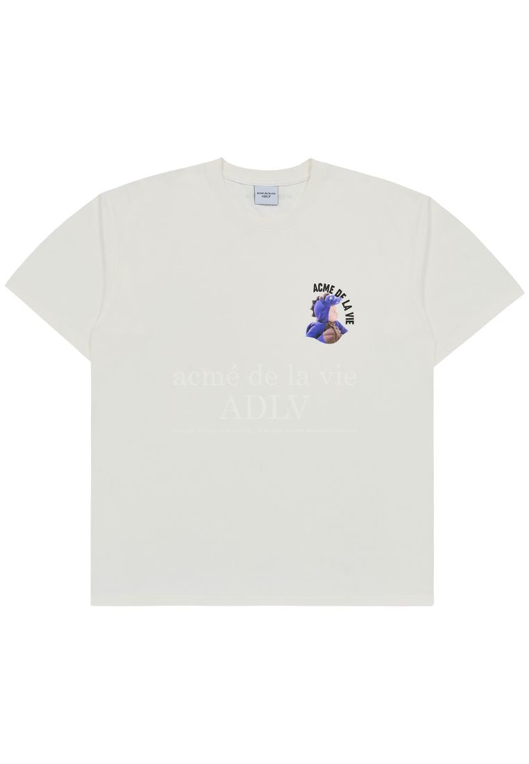 Mini Baby Face Purple Dinosaur Short Sleeve T-Shirt Cream