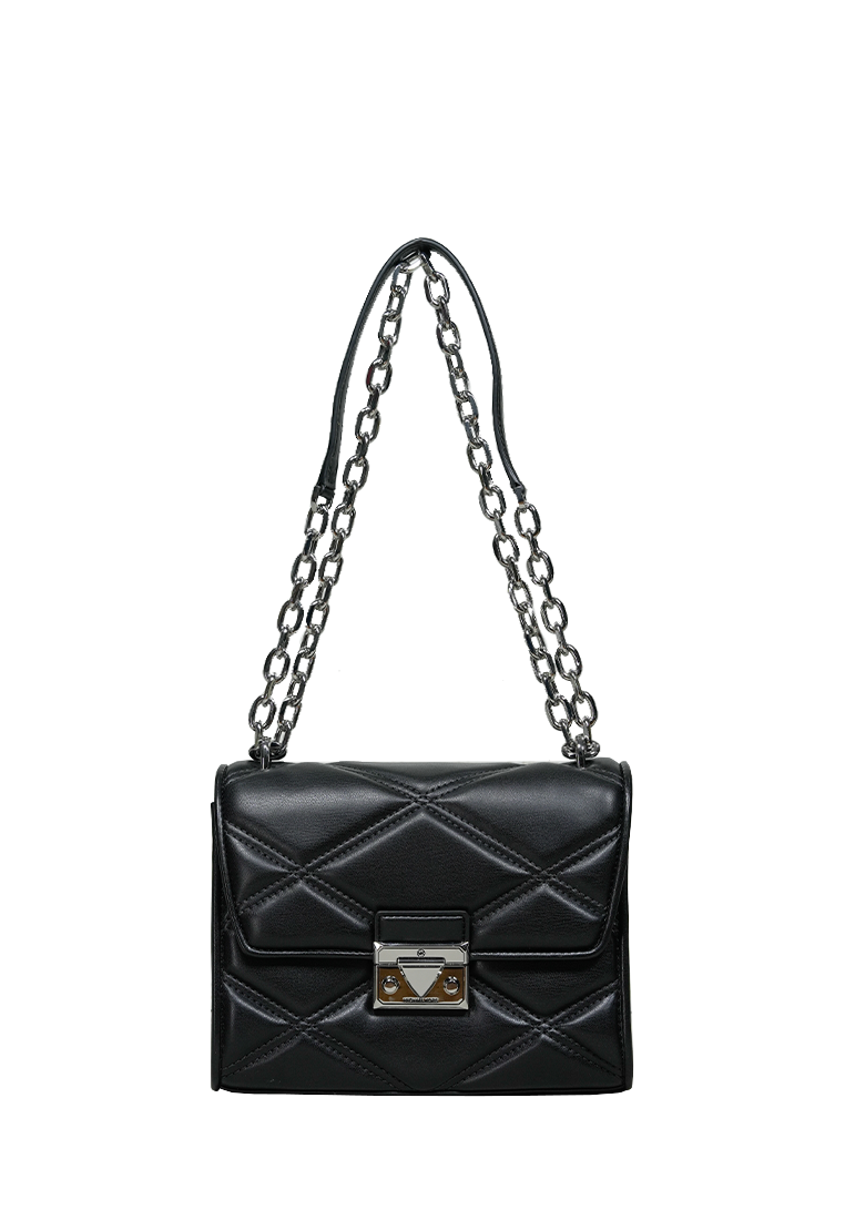 Serena Small Quilted Faux Leather Crossbody Bag Black Silver