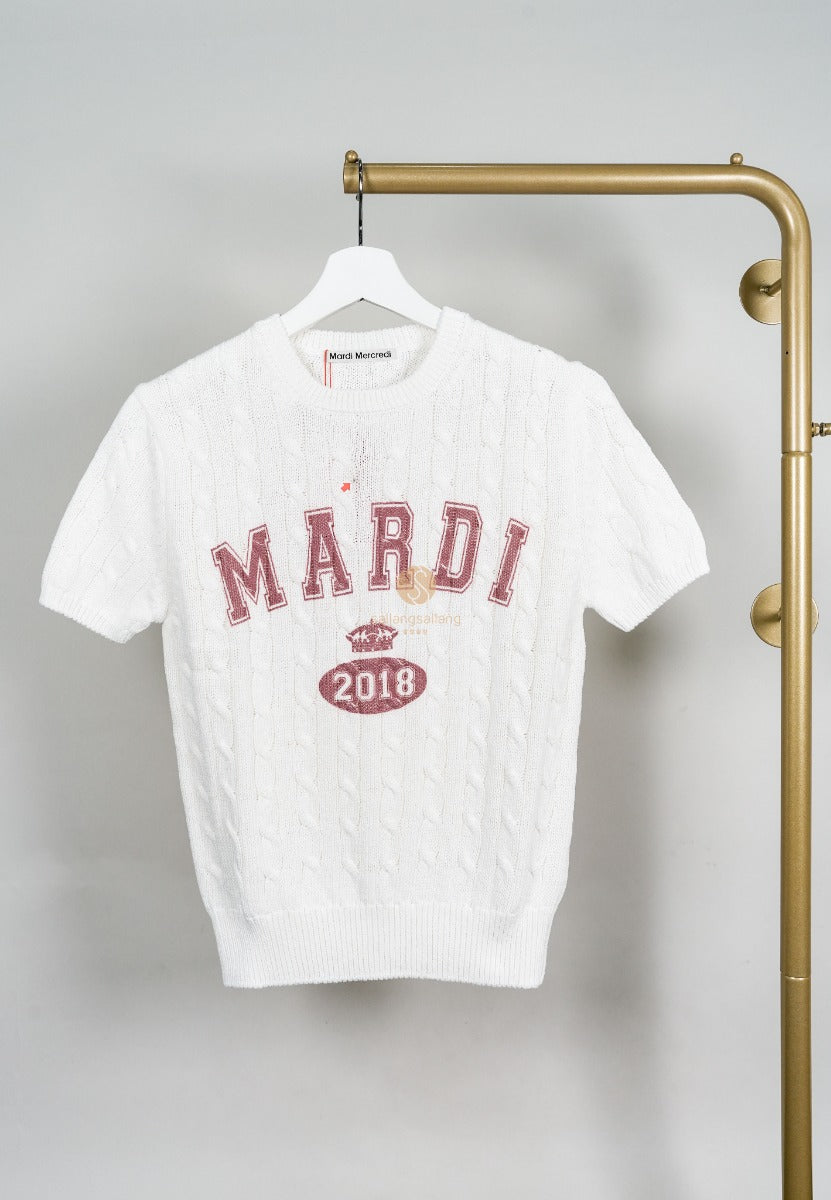 [DEFECT SALE 01] Cable Knit Half Sleeve Vintage Print Ivory Burgundy