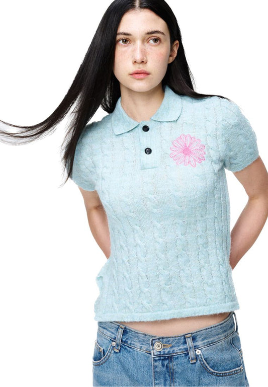 Mohair Cable Top Collar Short Sleeve Mint Pink