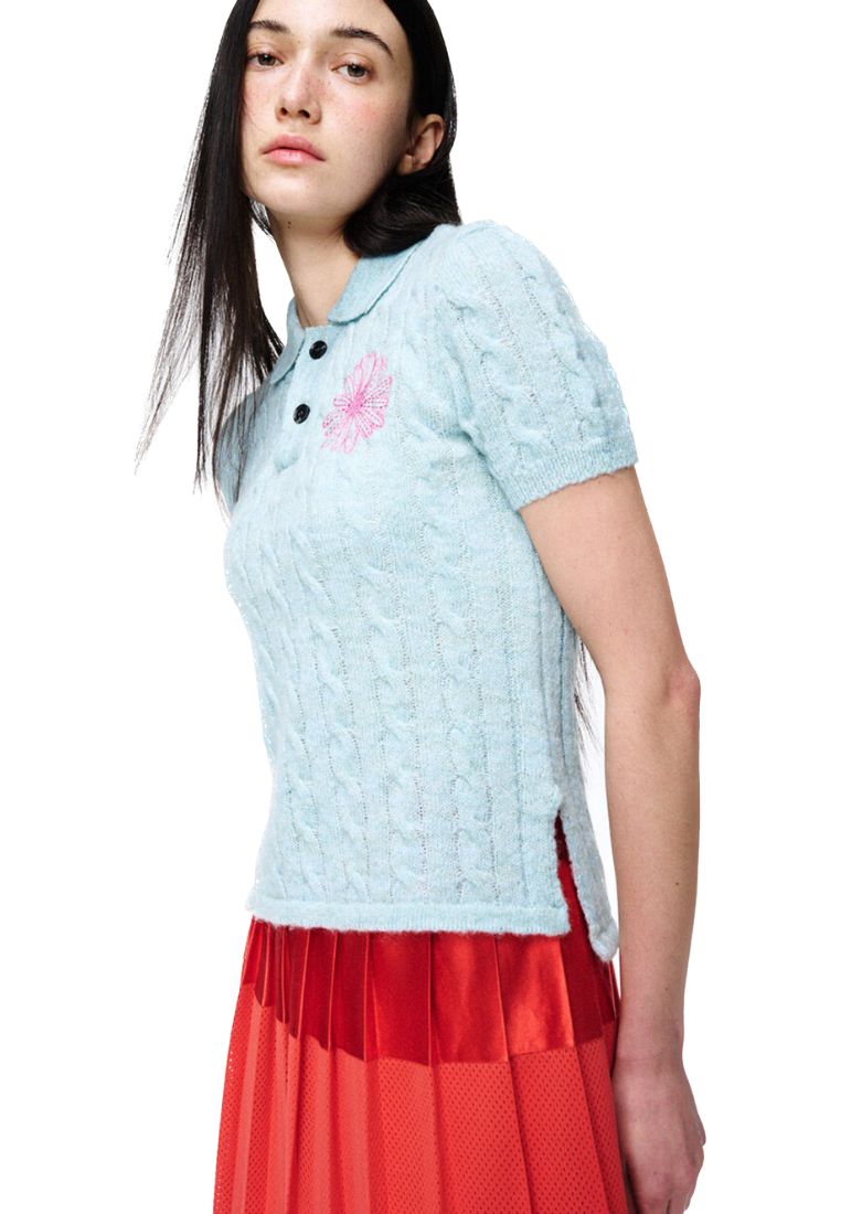 Mohair Cable Top Collar Short Sleeve Mint Pink