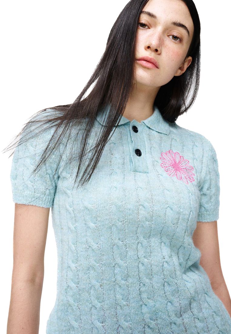 Mohair Cable Top Collar Short Sleeve Mint Pink
