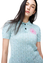 Mohair Cable Top Collar Short Sleeve Mint Pink