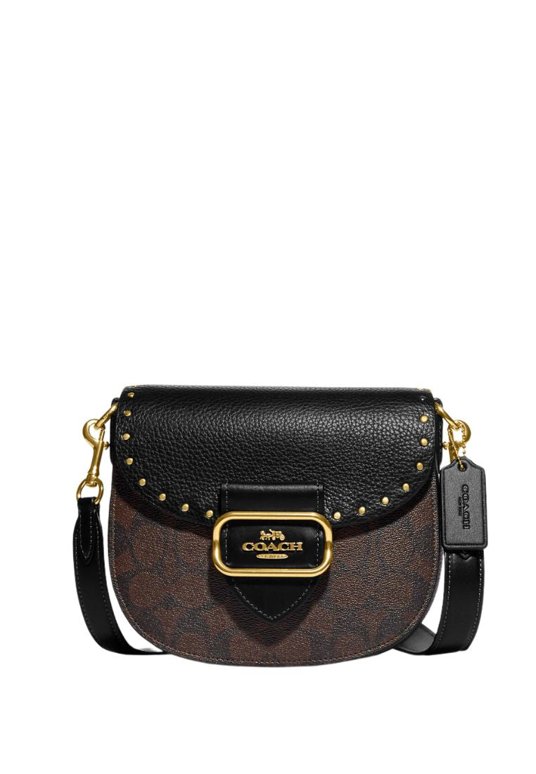 Morgan Saddle Bag In Colorblock Signature Canvas With Rivets Brown Black Multi