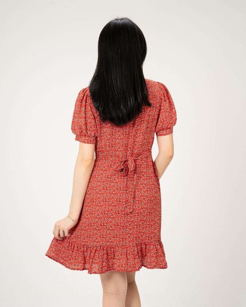 Bubble Sleeve Floral Dress Red By Youkki Made in Korea