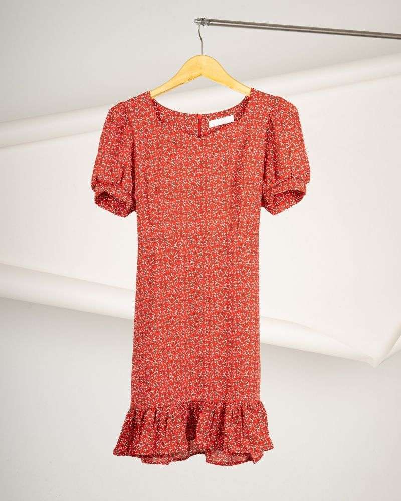 Bubble Sleeve Floral Dress Red By Youkki Made in Korea