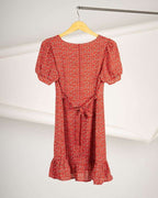 Bubble Sleeve Floral Dress Red By Youkki Made in Korea