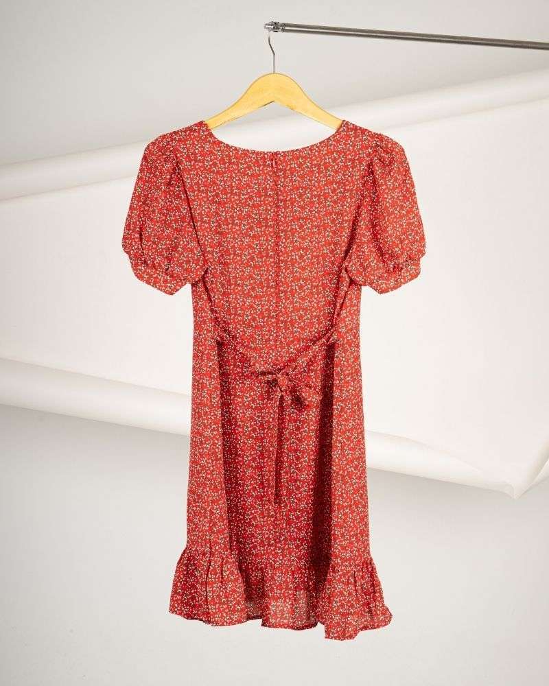 Bubble Sleeve Floral Dress Red By Youkki Made in Korea
