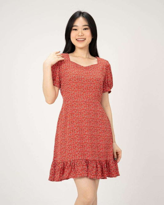 Bubble Sleeve Floral Dress Red By Youkki Made in Korea