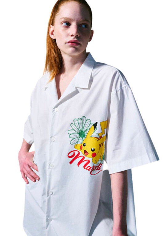Oversized Shirt Half Sleeve Flower Pikachu White