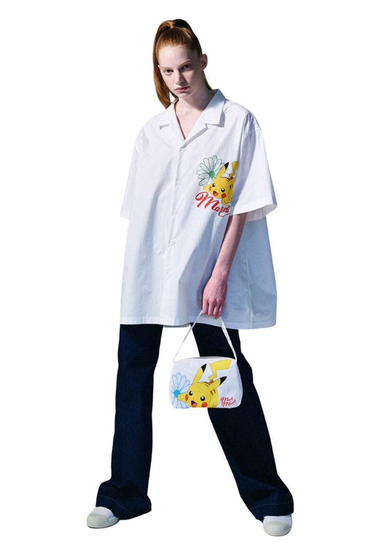Oversized Shirt Half Sleeve Flower Pikachu White