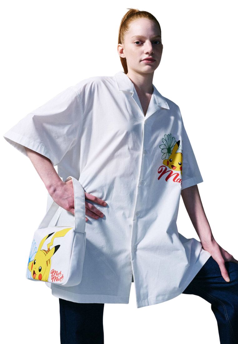 Oversized Shirt Half Sleeve Flower Pikachu White