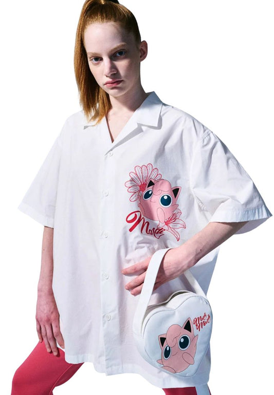 Oversized Shirt Half Sleeve Flower Purin White