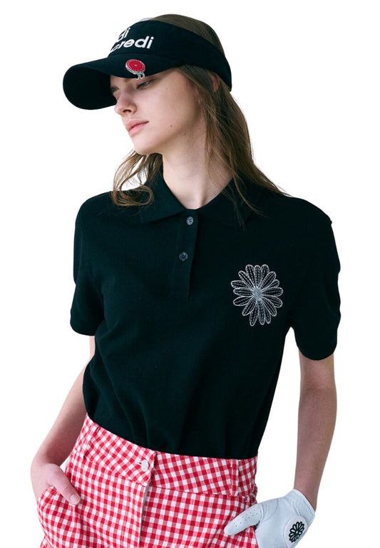 Piquet TShirt Flower Needlework Black Ivory