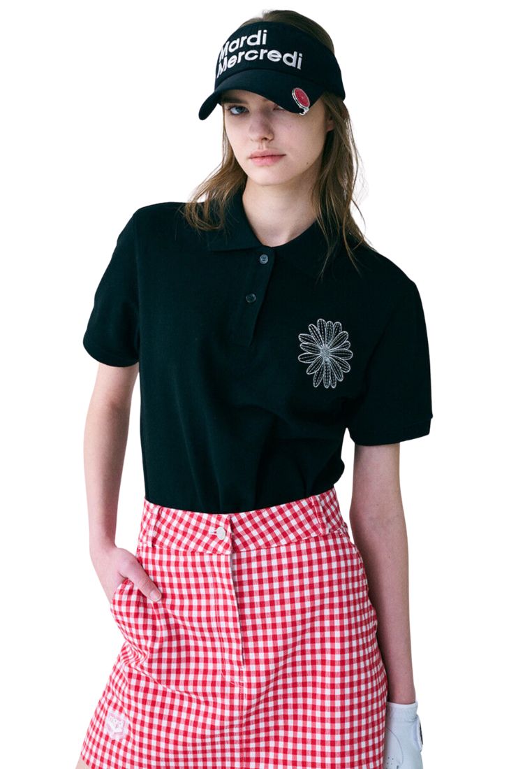 Piquet TShirt Flower Needlework Black Ivory