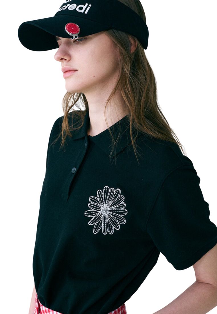 Piquet TShirt Flower Needlework Black Ivory