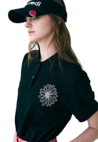 Piquet TShirt Flower Needlework Black Ivory