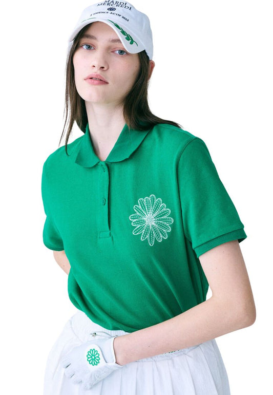 Piquet TShirt Flower Needlework Green Ivory