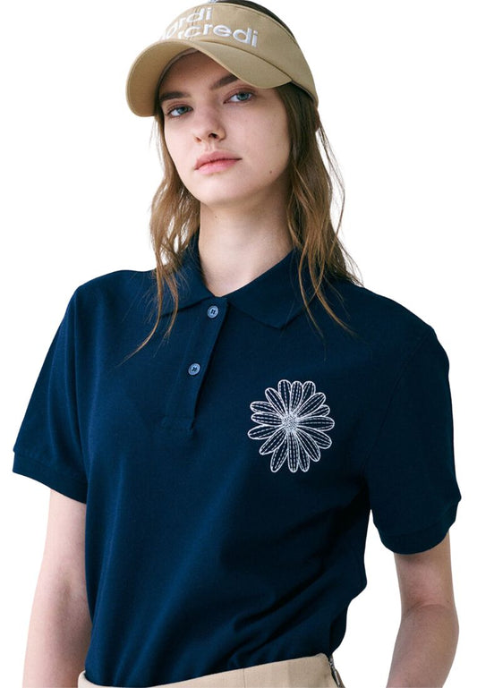Piquet TShirt Flower Needlework Navy Ivory