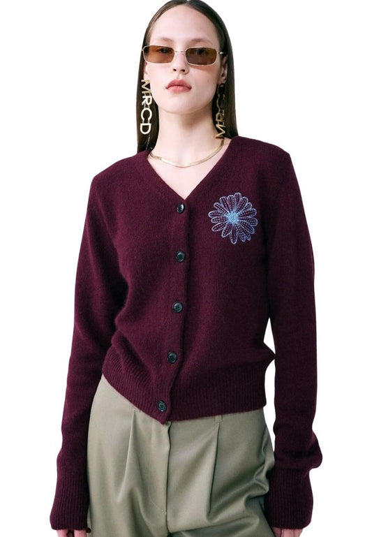 Raccoon Blended Cardigan V Neck Burgundy Sky
