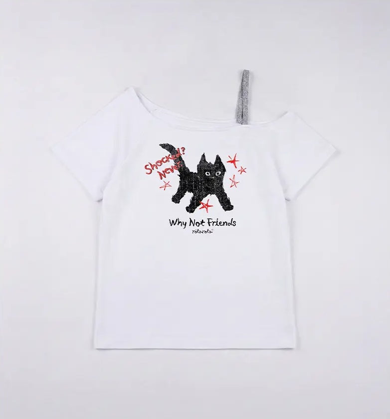 Rola Cat Friends Off Shoulder T-Shirt White