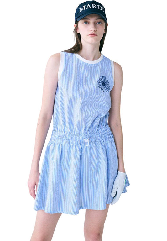 SEERSUCKER Flare Mini Dress Flower Needlework Sky Navy