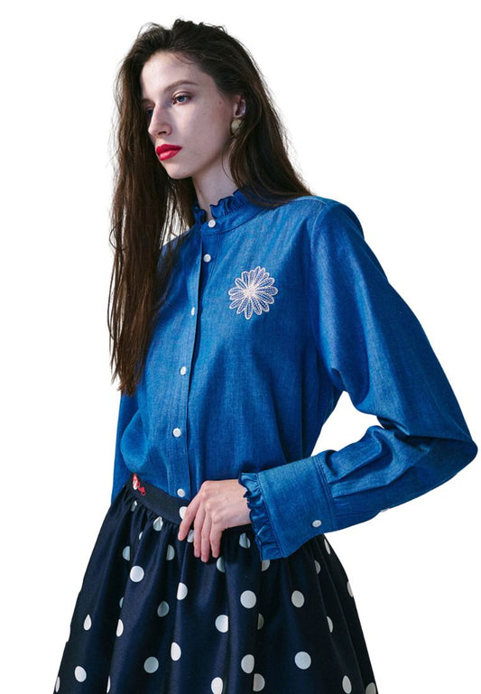 Shirt Frill Collar Blue Beige