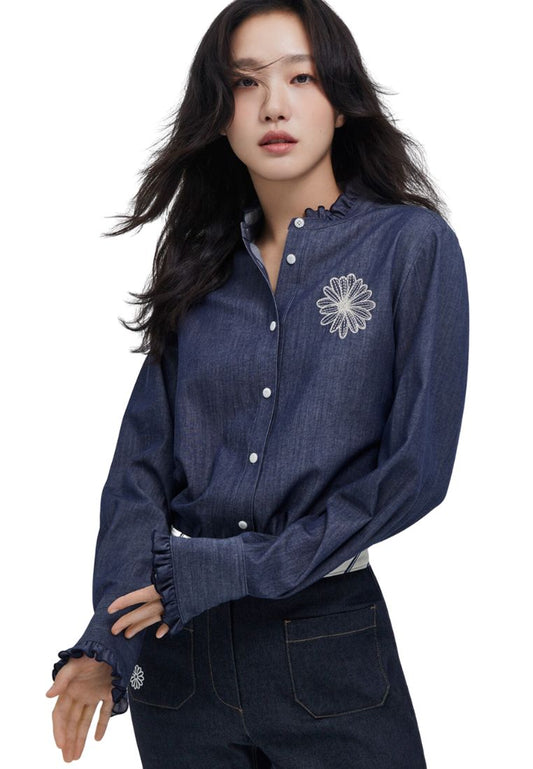 Shirt Frill Collar Navy Beige