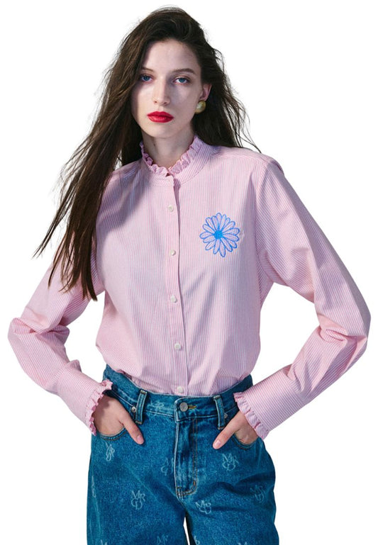 Shirt Frill Collar Stripe Pink Blue