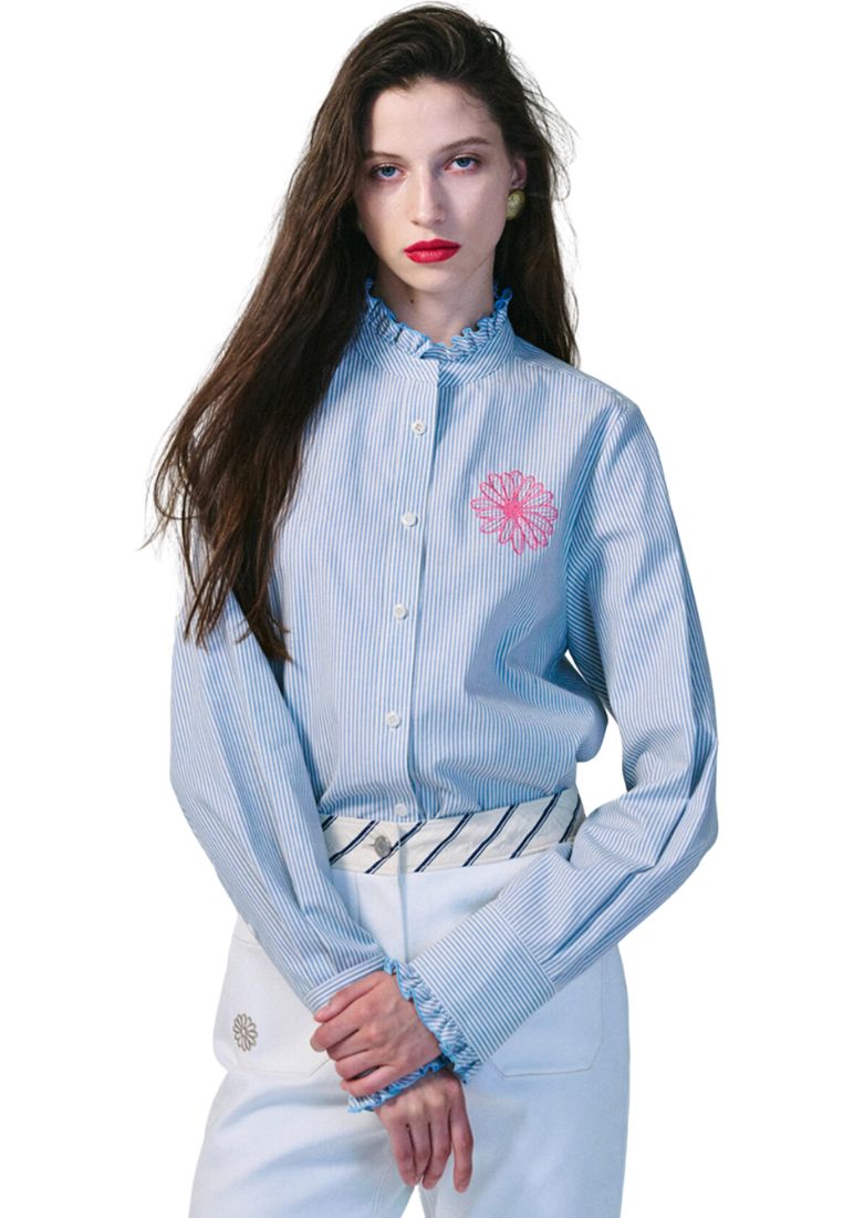 Shirt Frill Collar Stripe Sky Pink