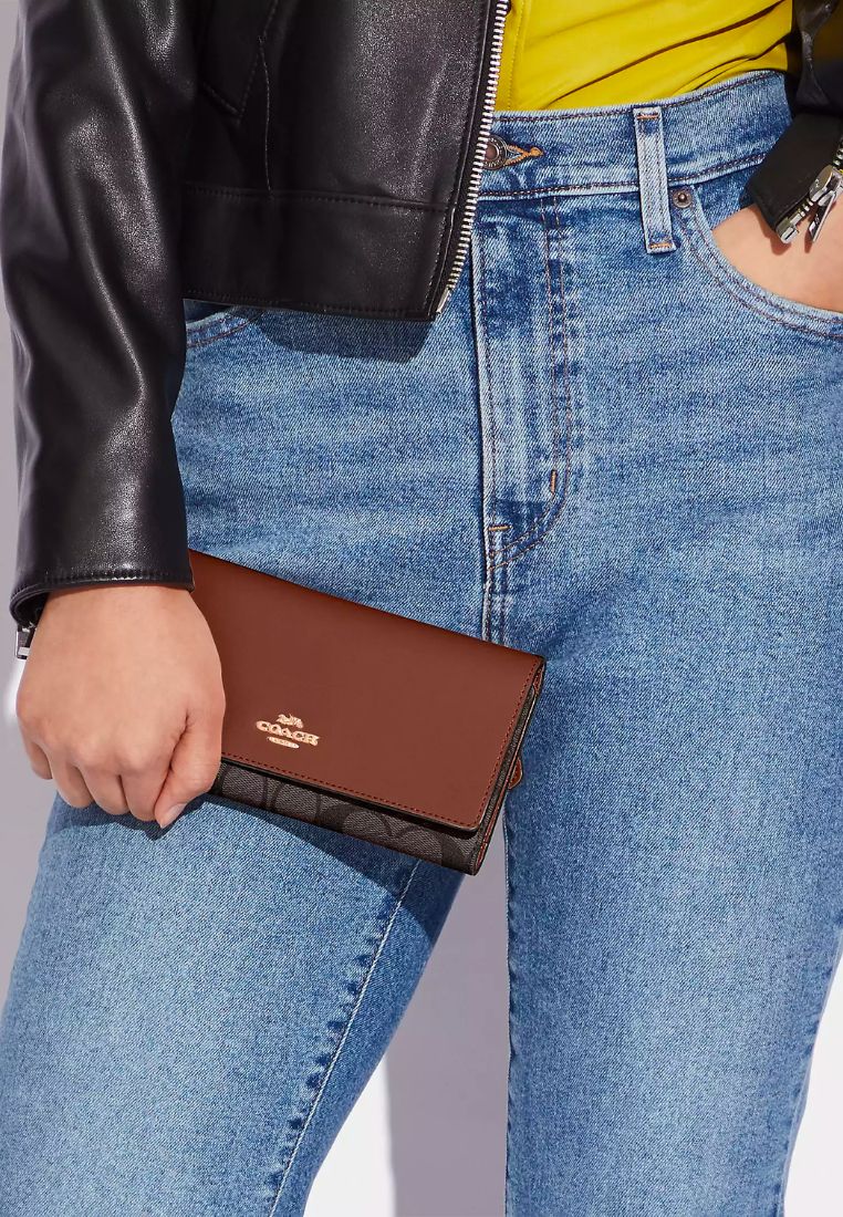 Slim Trifold Wallet In Signature Canvas Brown Redwood
