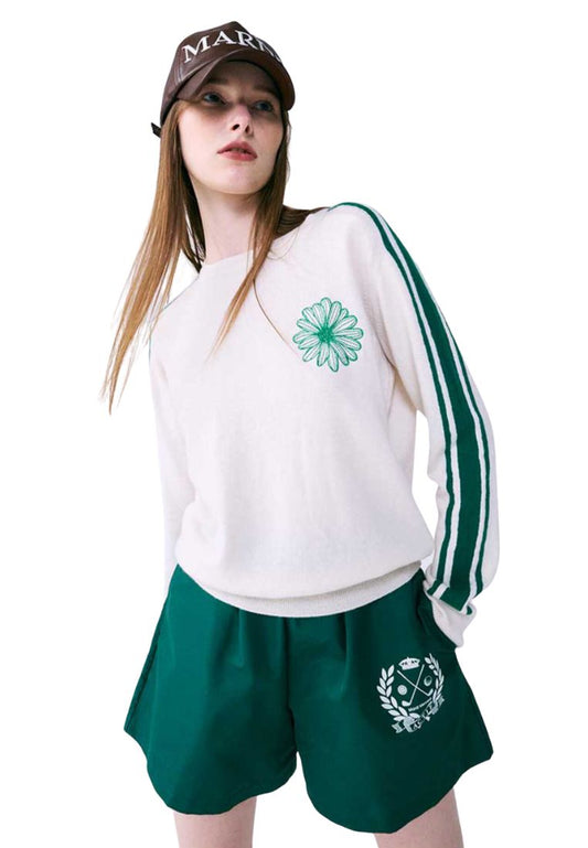 Stripe Sleeve Knit Pullover Ivory Green