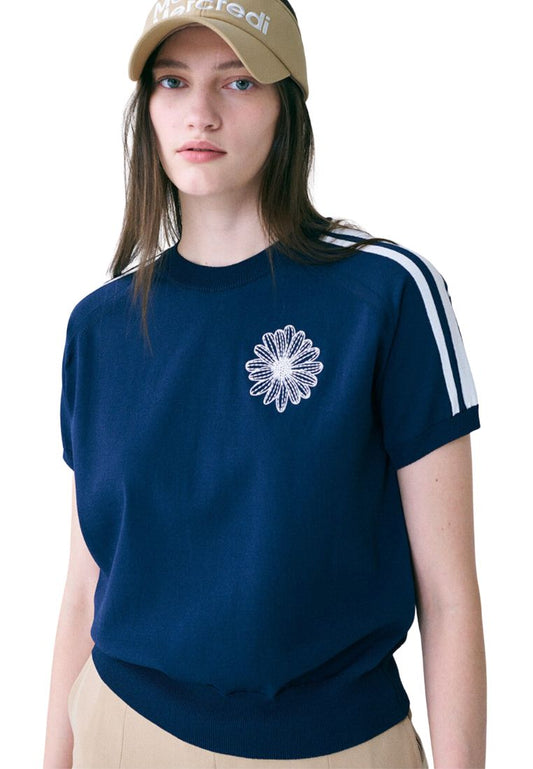 Stripe Sleeve Knit Top Half Sleeve Navy Ivory