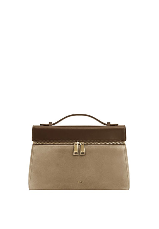 Thea Large Faux Suede Top Handle Bag - Brown / Taupe