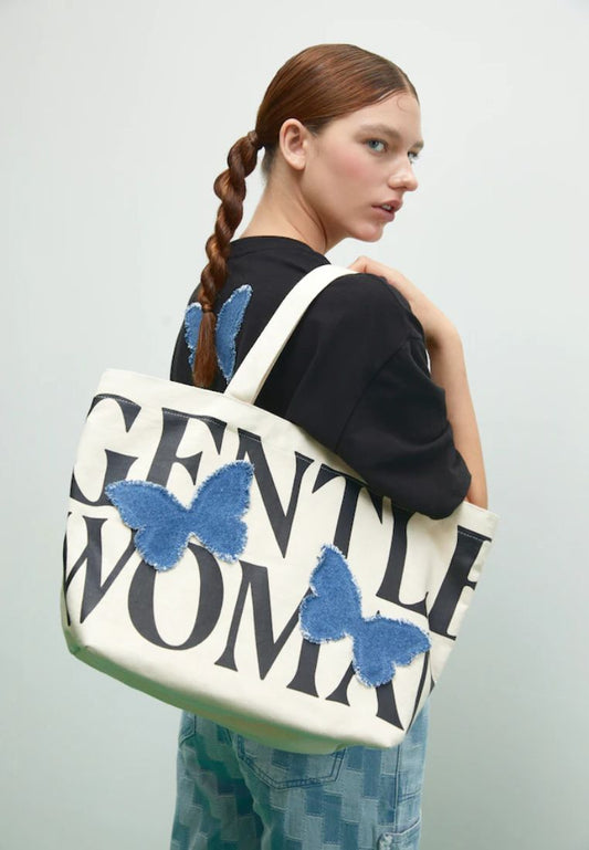 Denim Butterfly Patch Tote Bag