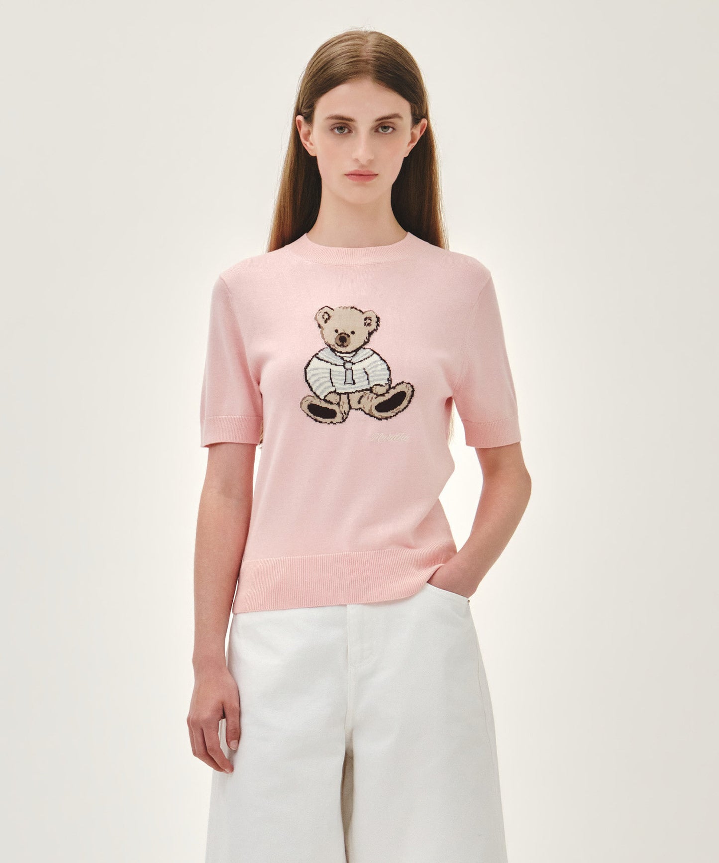 W DOODLE BEAR HALF KNIT PULLOVER light pink