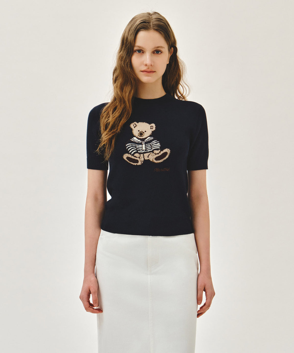 W DOODLE BEAR HALF KNIT PULLOVER navy
